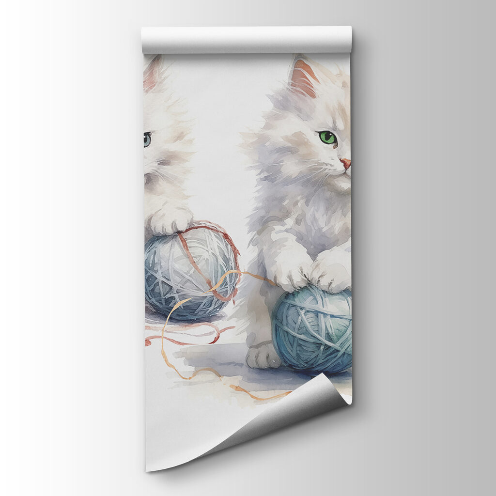 A watercolor of two kittens playing with yarn