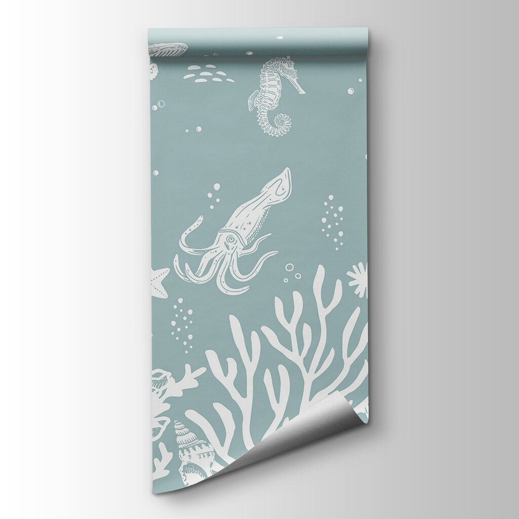 A white outline of sea animals