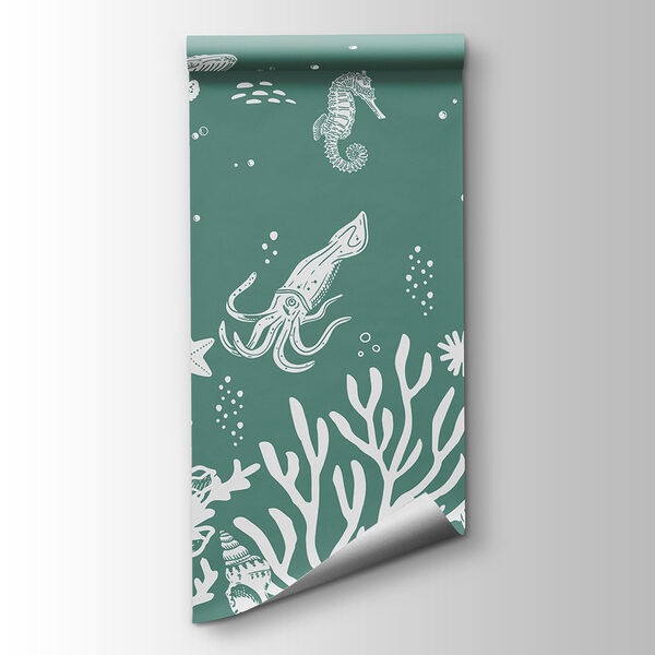 A white outline of sea animals