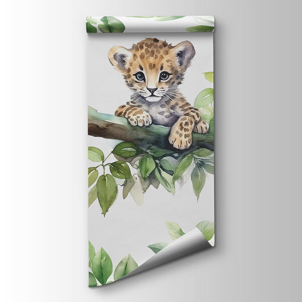 A watercolor of a baby leopard on a tree branch A watercolor of a baby leopard on a tree branch