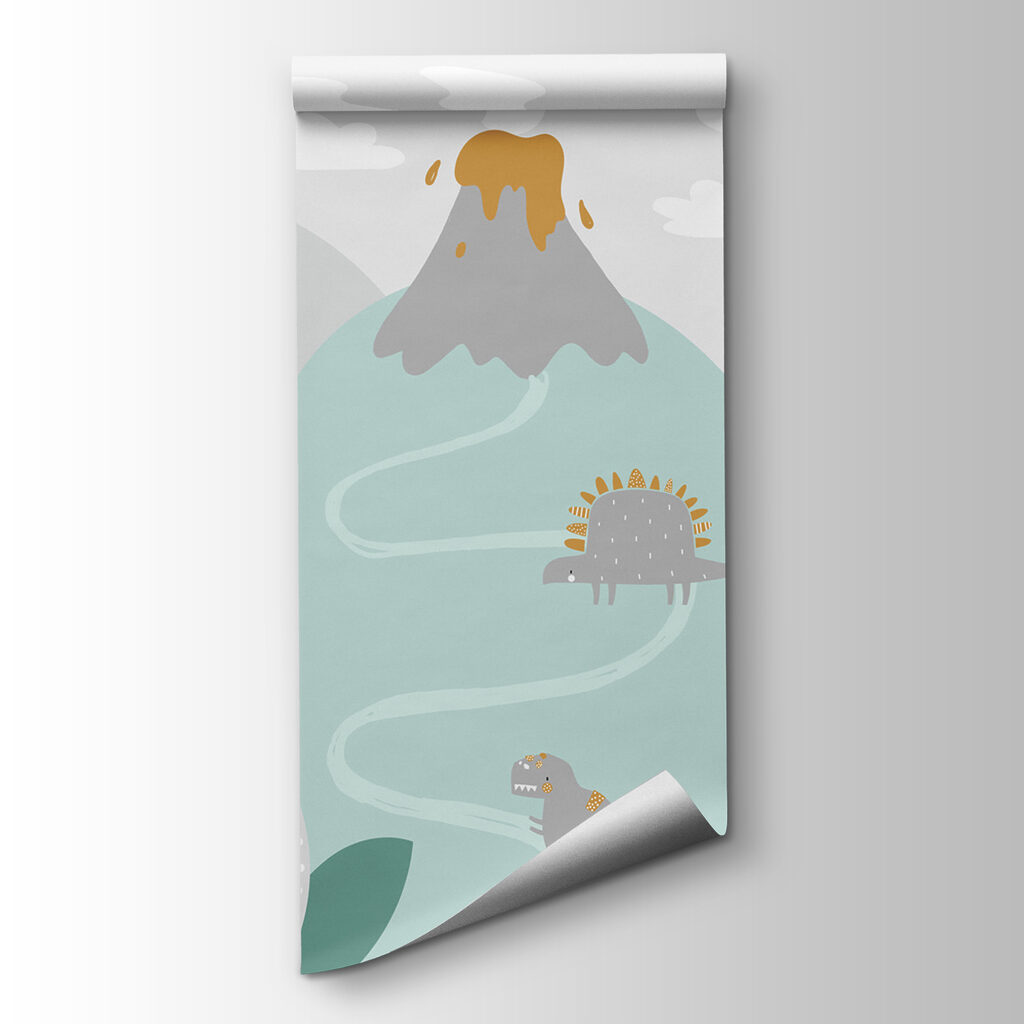 A cartoon dinosaur with a volcano and plants A cartoon dinosaur with a volcano and plants