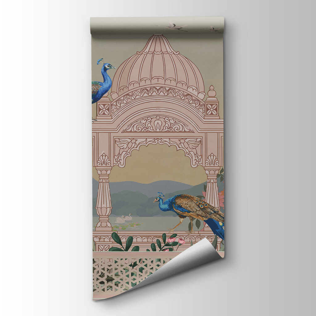 Mural of a building with a roof and birds Mural of a building with a roof and birds