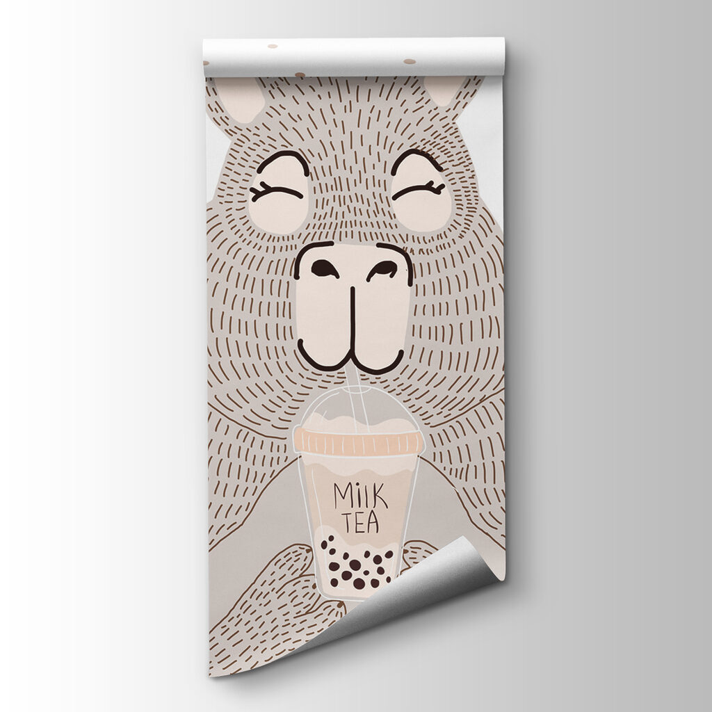 Cartoon of a bear holding a bubble tea