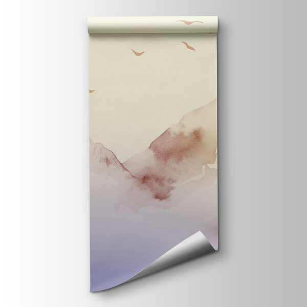 Painting of mountains and birds