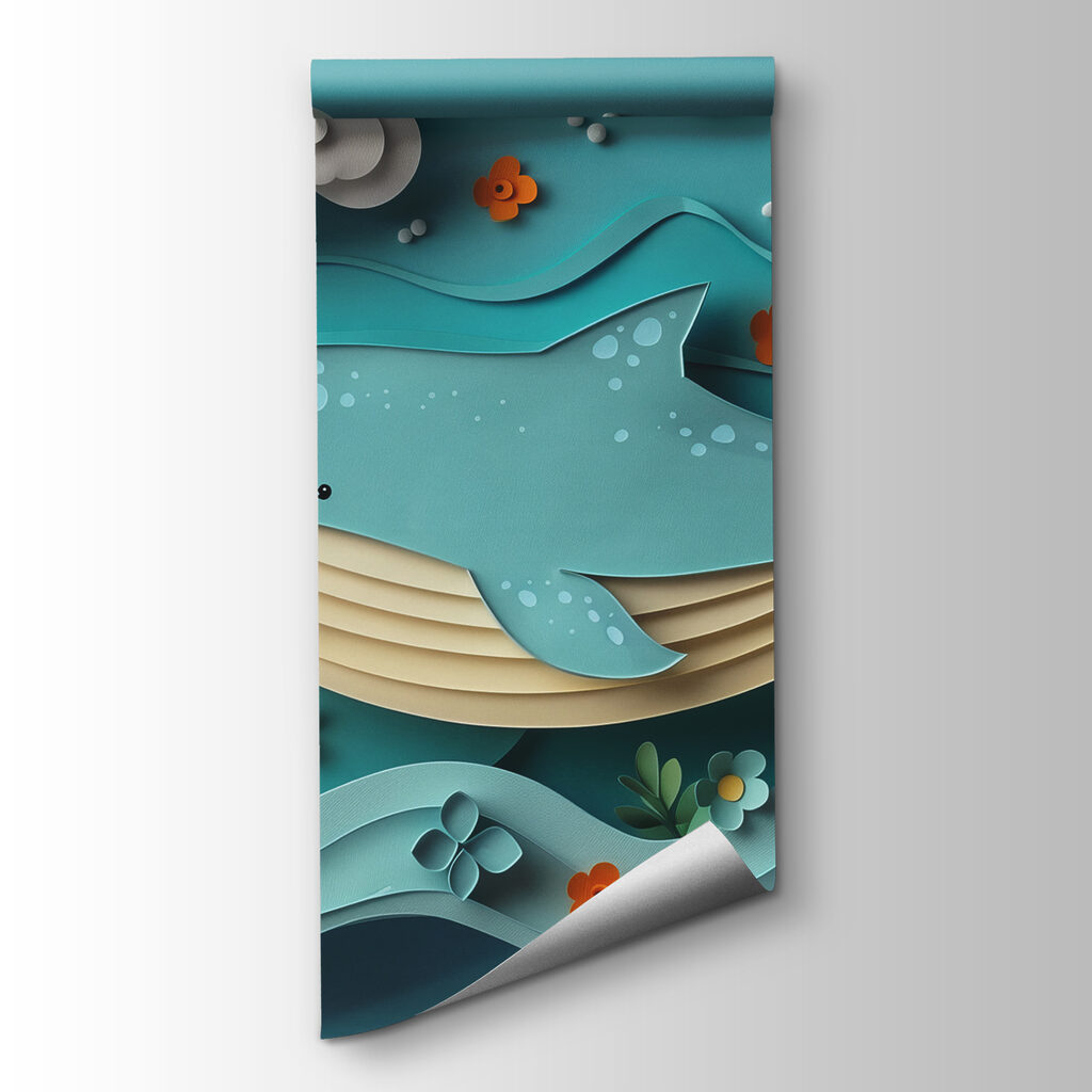 Paper cut whale in the ocean Paper cut whale in the ocean