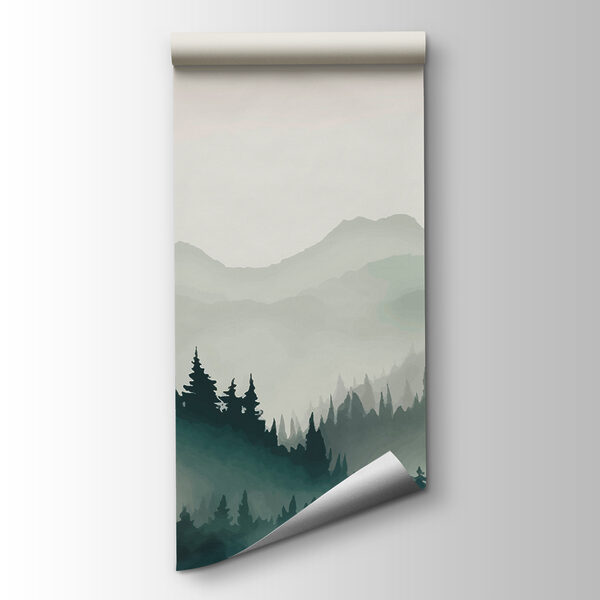 Foggy mountain landscape with trees and mountains Foggy mountain landscape with trees and mountains
