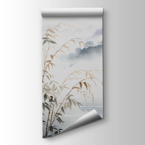 Painting of a landscape with a lake and mountains