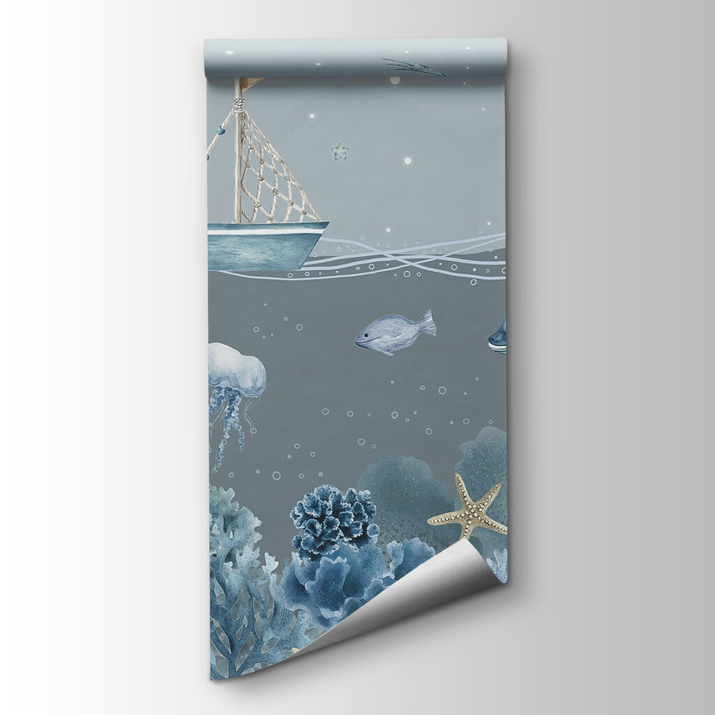 Sea life with a boat and fish Sea life with a boat and fish