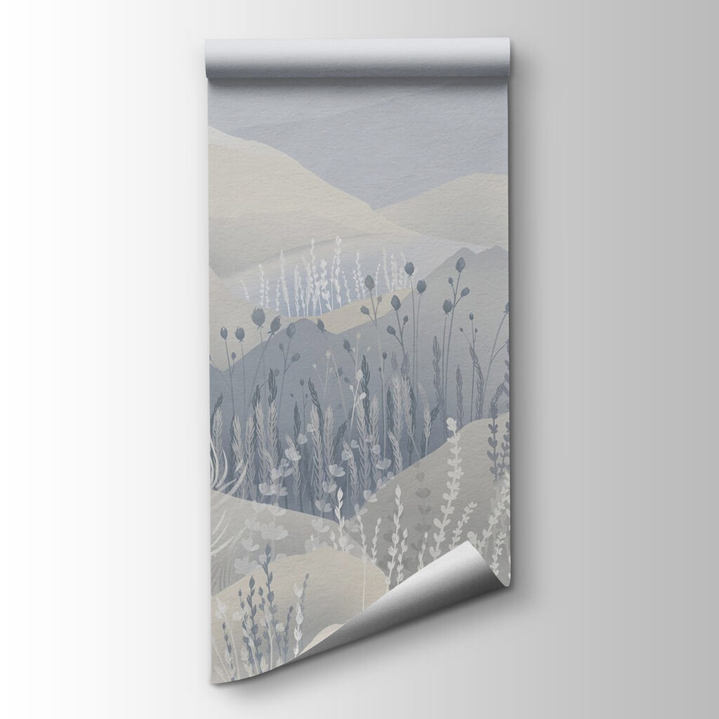 Painting of a landscape with mountains and grass Painting of a landscape with mountains and grass