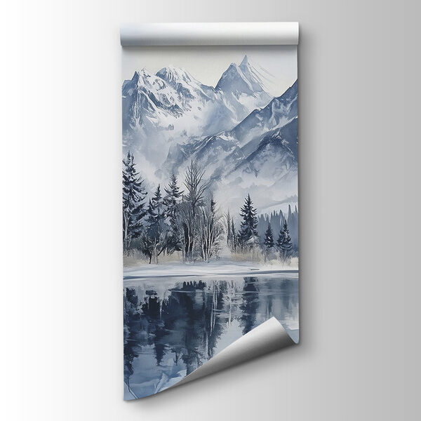 Lake with snow covered mountains and trees