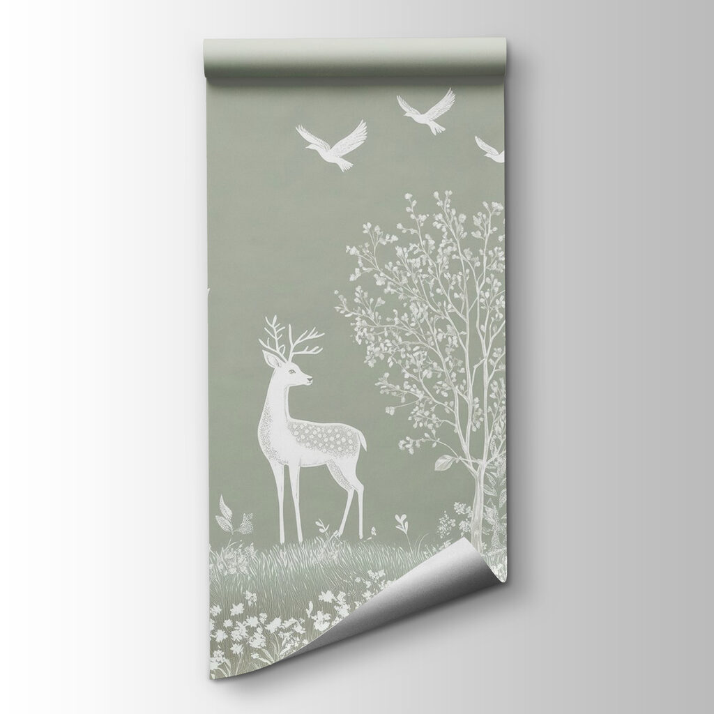 White deer and birds in a forest