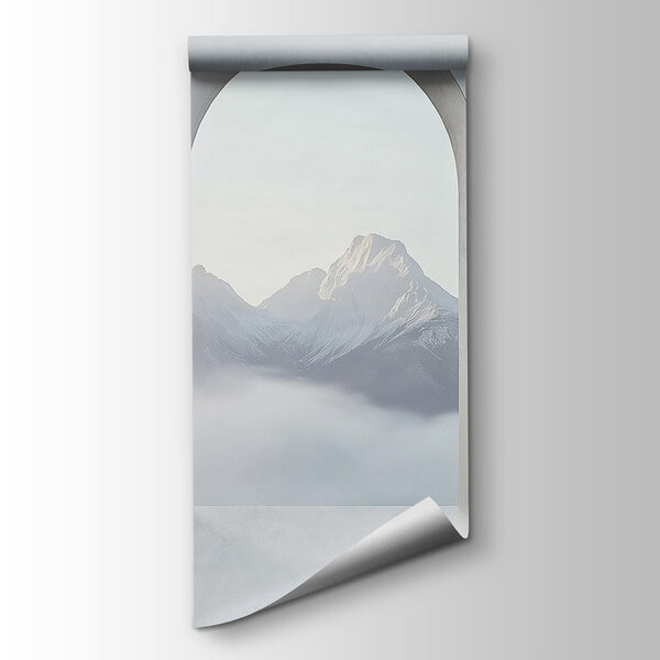 White room with arched windows and mountains in the background