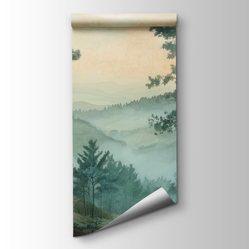 Painting of a forest with fog Painting of a forest with fog