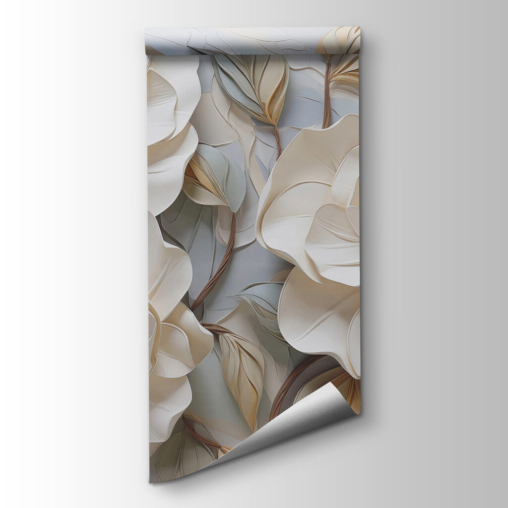 White flowers and leaves on a white surface White flowers and leaves on a white surface