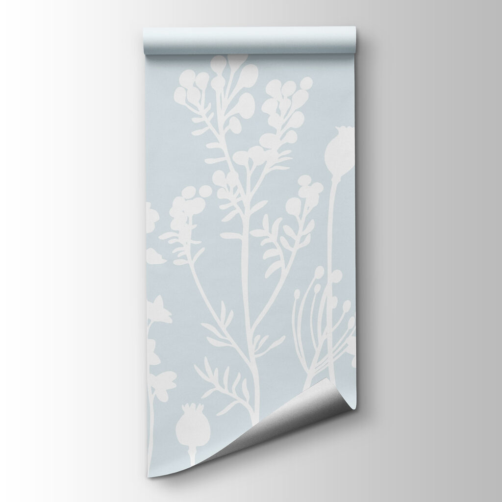 White flowers and leaves on a light blue background White flowers and leaves on a light blue background