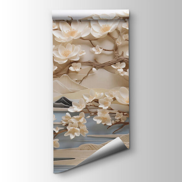 Tree with white flowers and mountains Tree with white flowers and mountains