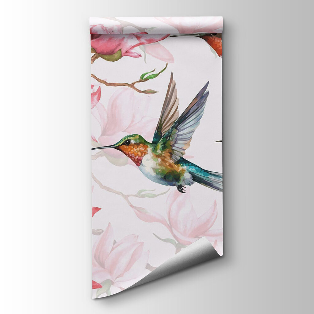 Group of hummingbirds flying next to flowers