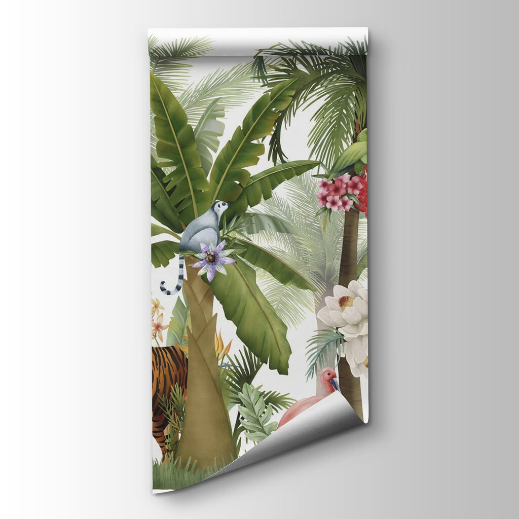 Wallpaper with animals and birds in the jungle Wallpaper with animals and birds in the jungle