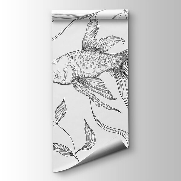 Black and white drawing of a fish and plants Black and white drawing of a fish and plants