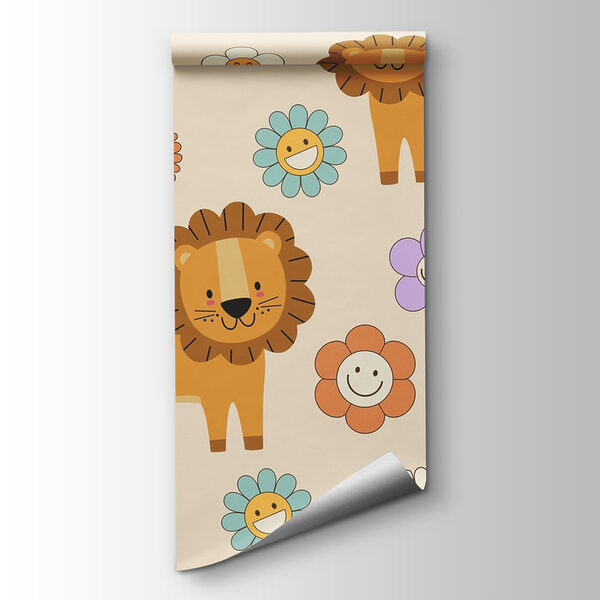 Group of cartoon lions and flowers