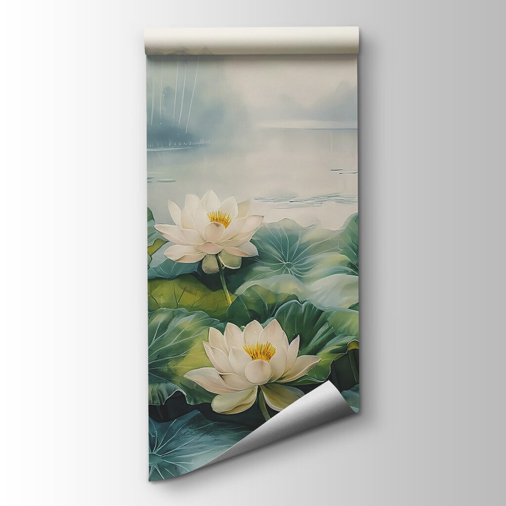 Painting of a pond with white flowers and green leaves