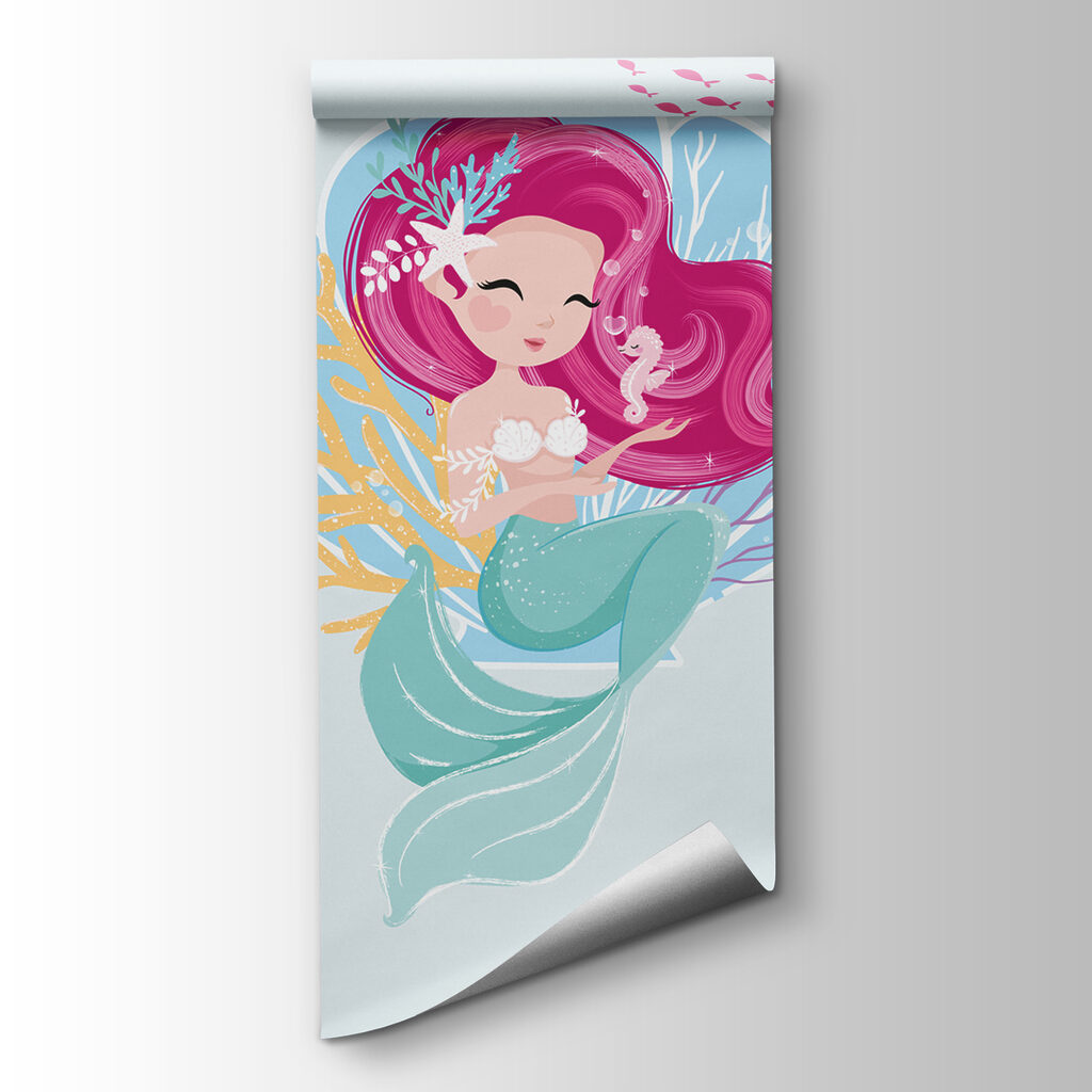 Cartoon mermaid with pink hair and a seahorse Cartoon mermaid with pink hair and a seahorse