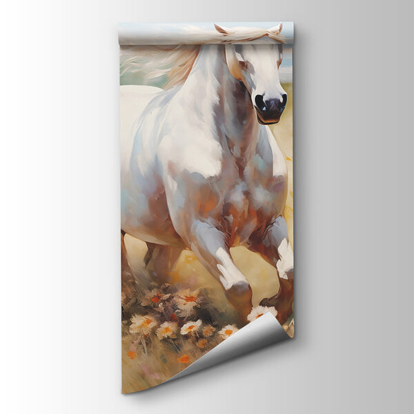 White horse running through a field of flowers