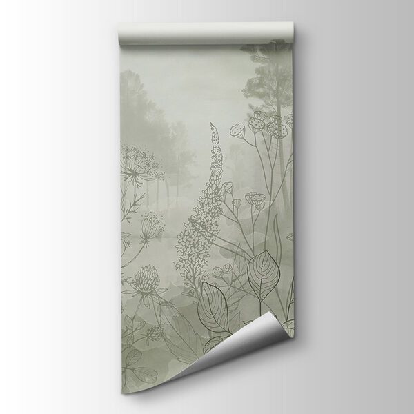 Foggy forest with trees and birds