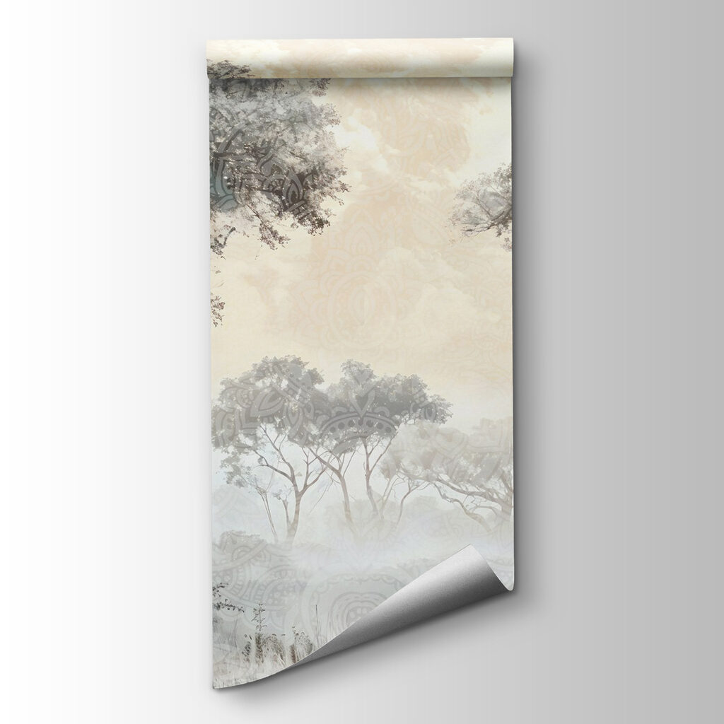 Foggy landscape with trees and plants