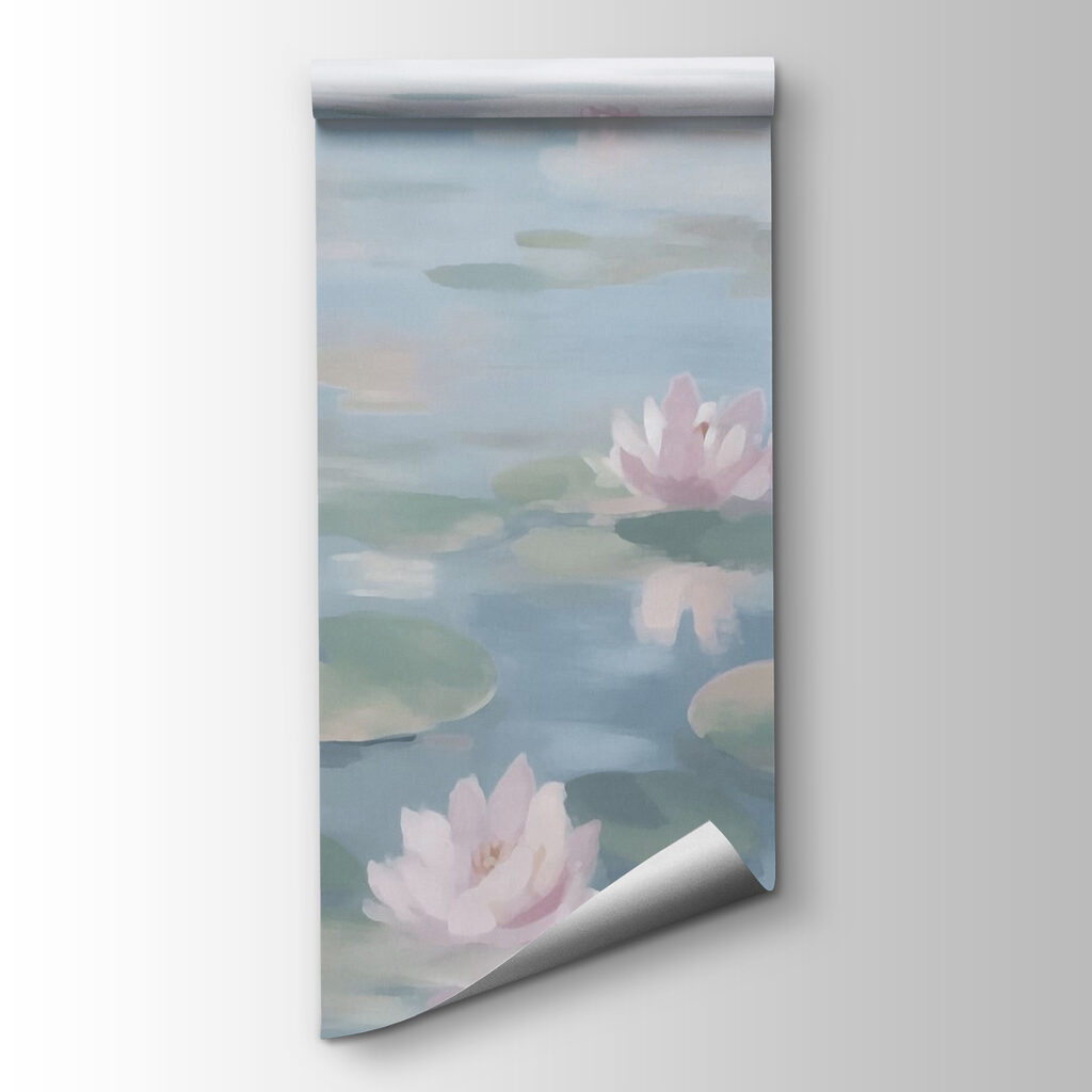 Water with lily pads and pink flowers