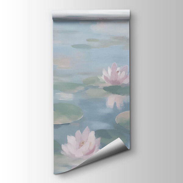 Water with lily pads and pink flowers