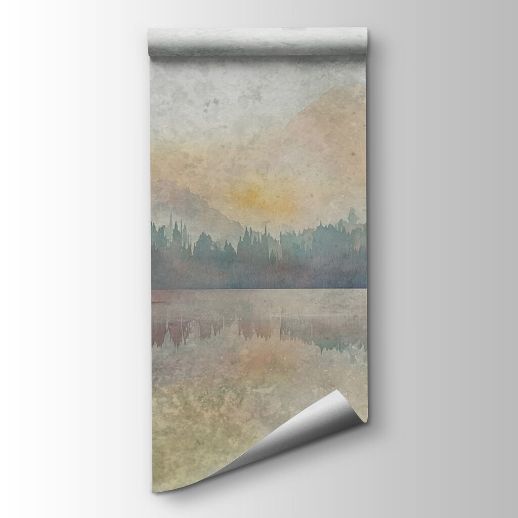 Watercolor painting of a lake with trees and mountains Watercolor painting of a lake with trees and mountains