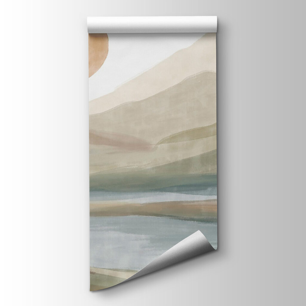 Watercolor painting of a river and mountains