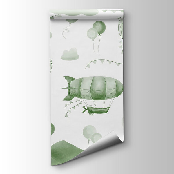 Green and white background with balloons and mountains