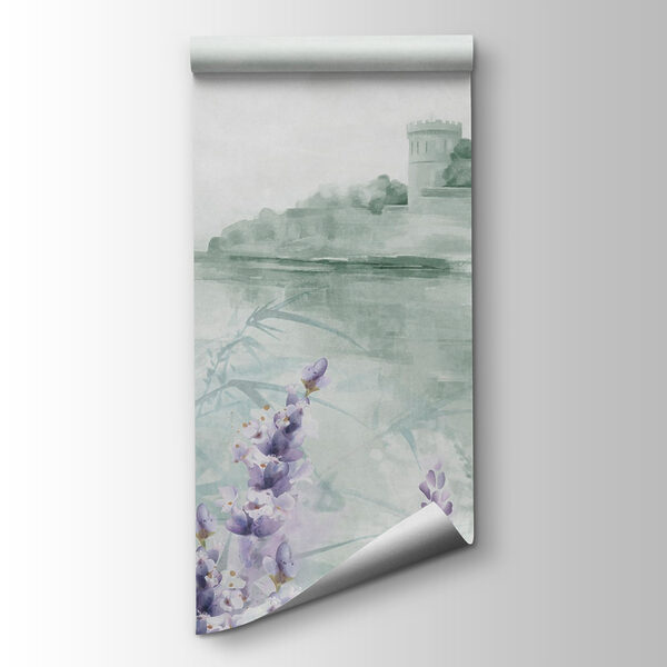 Watercolor painting of a castle and flowers