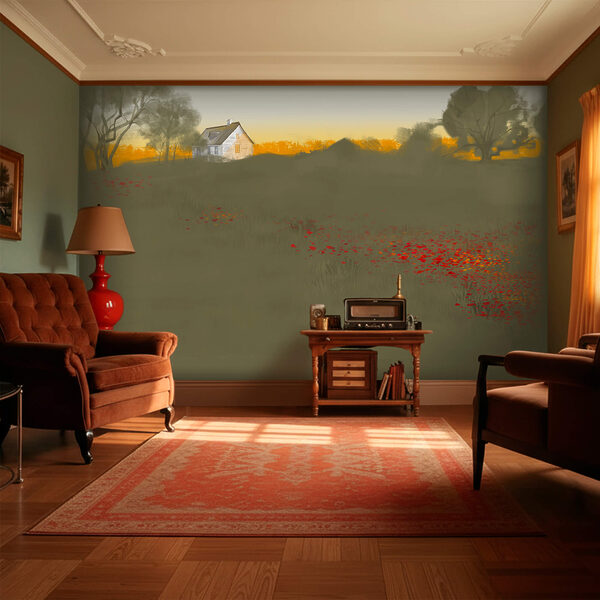 Fototapety Pole červených kvetov s domom v pozadí (Katalógové číslo: t00525) Fototapety Fototapety Pole červených kvetov s domom v pozadí (Katalógové číslo: t00525)