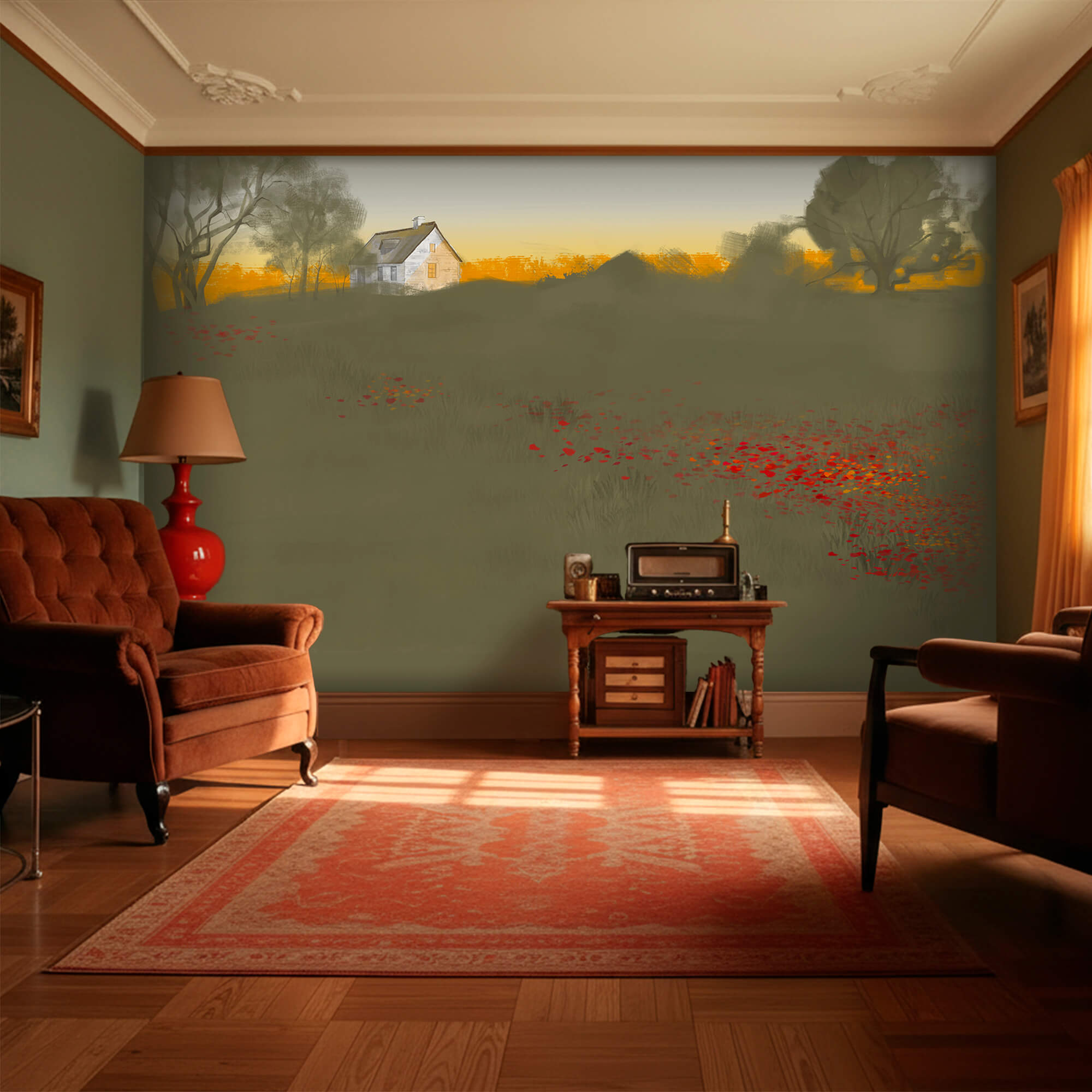 Pole červených kvetov s domom v pozadí Pole červených kvetov s domom v pozadí