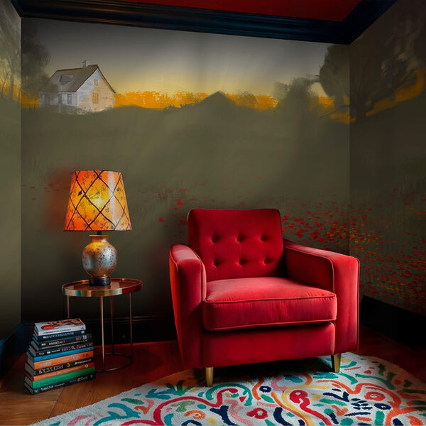 Pole červených kvetov s domom v pozadí Pole červených kvetov s domom v pozadí