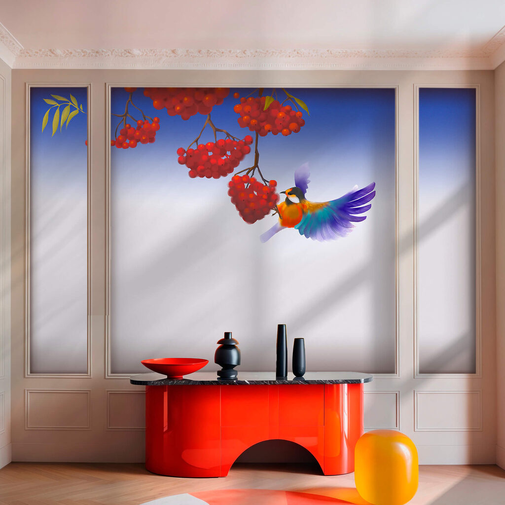 Vták jediaci zhluk červených bobúľ Vták jediaci zhluk červených bobúľ