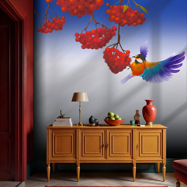 Vták jediaci zhluk červených bobúľ Vták jediaci zhluk červených bobúľ