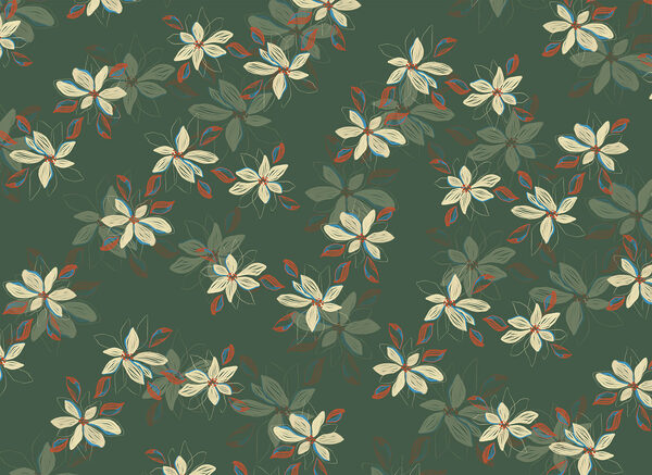 Pattern of white flowers and red leaves on a green background Pattern of white flowers and red leaves on a green background