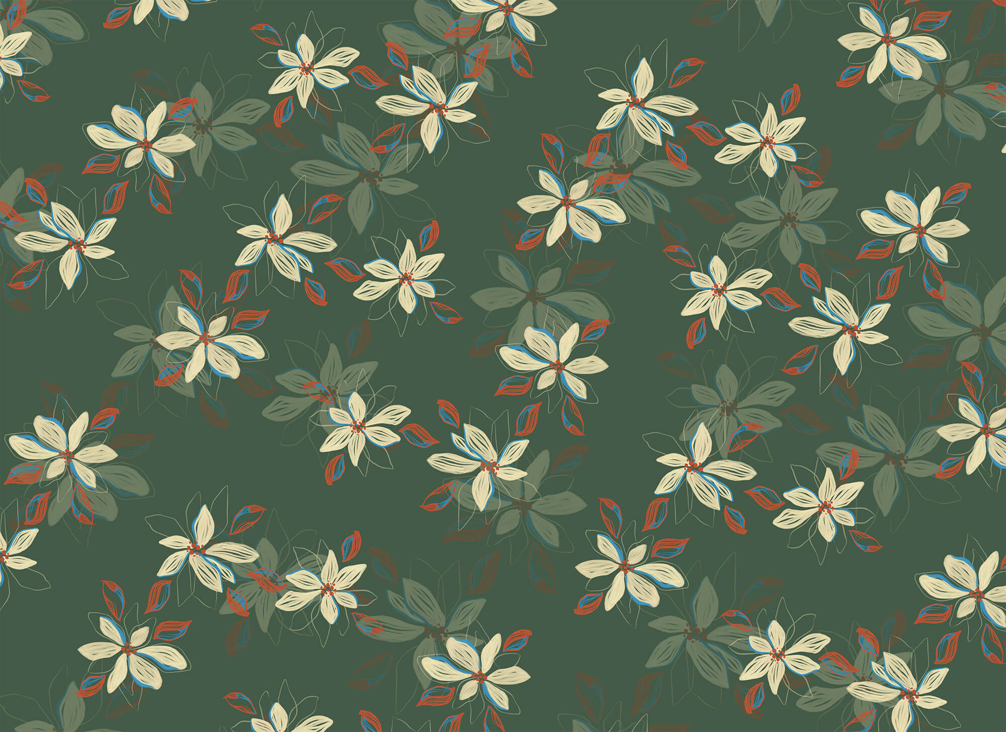 Pattern of white flowers and red leaves on a green background Pattern of white flowers and red leaves on a green background
