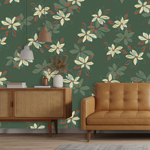 Vzor bielych kvetov a červených listov na zelenom pozadí Vzor bielych kvetov a červených listov na zelenom pozadí