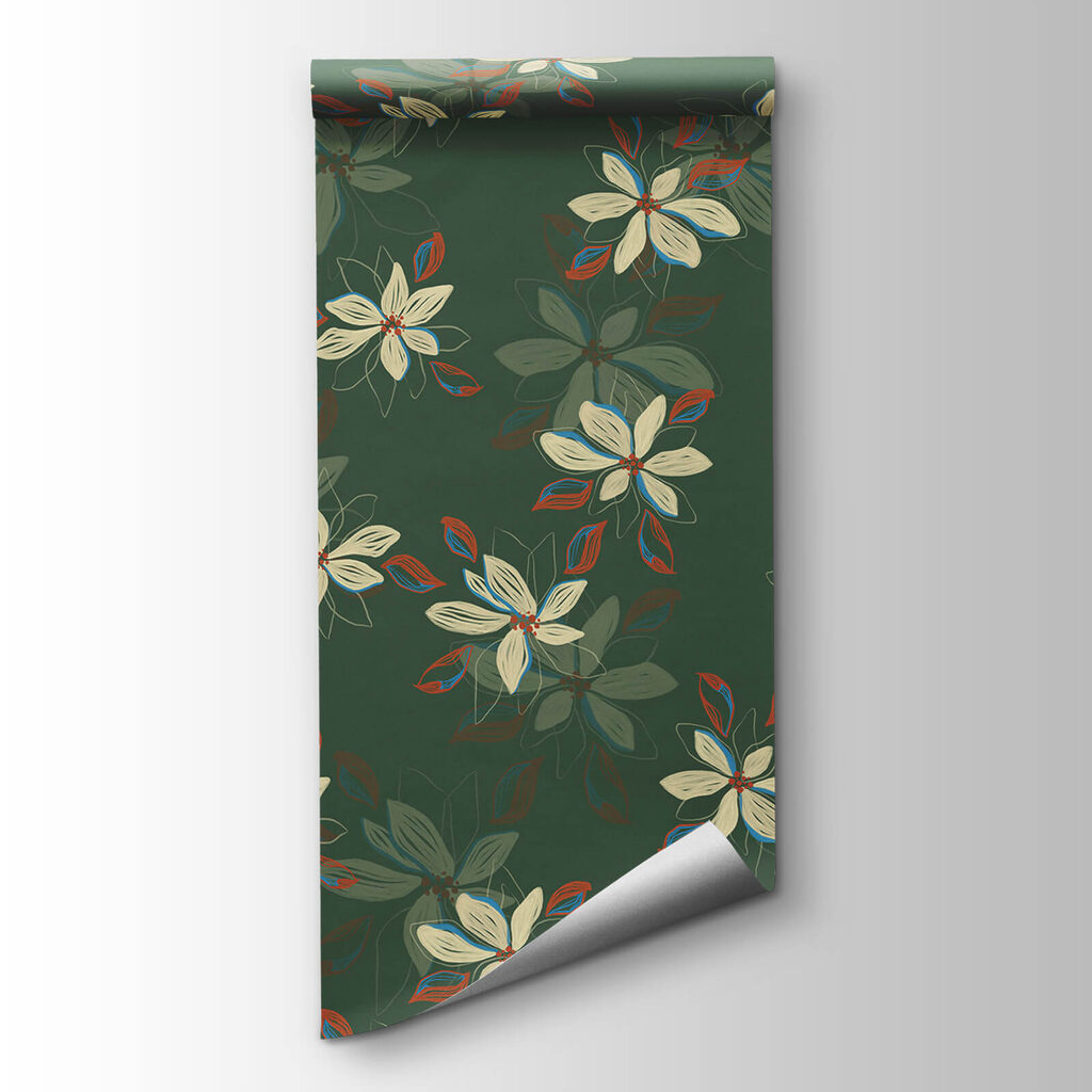 Pattern of white flowers and red leaves on a green background Pattern of white flowers and red leaves on a green background