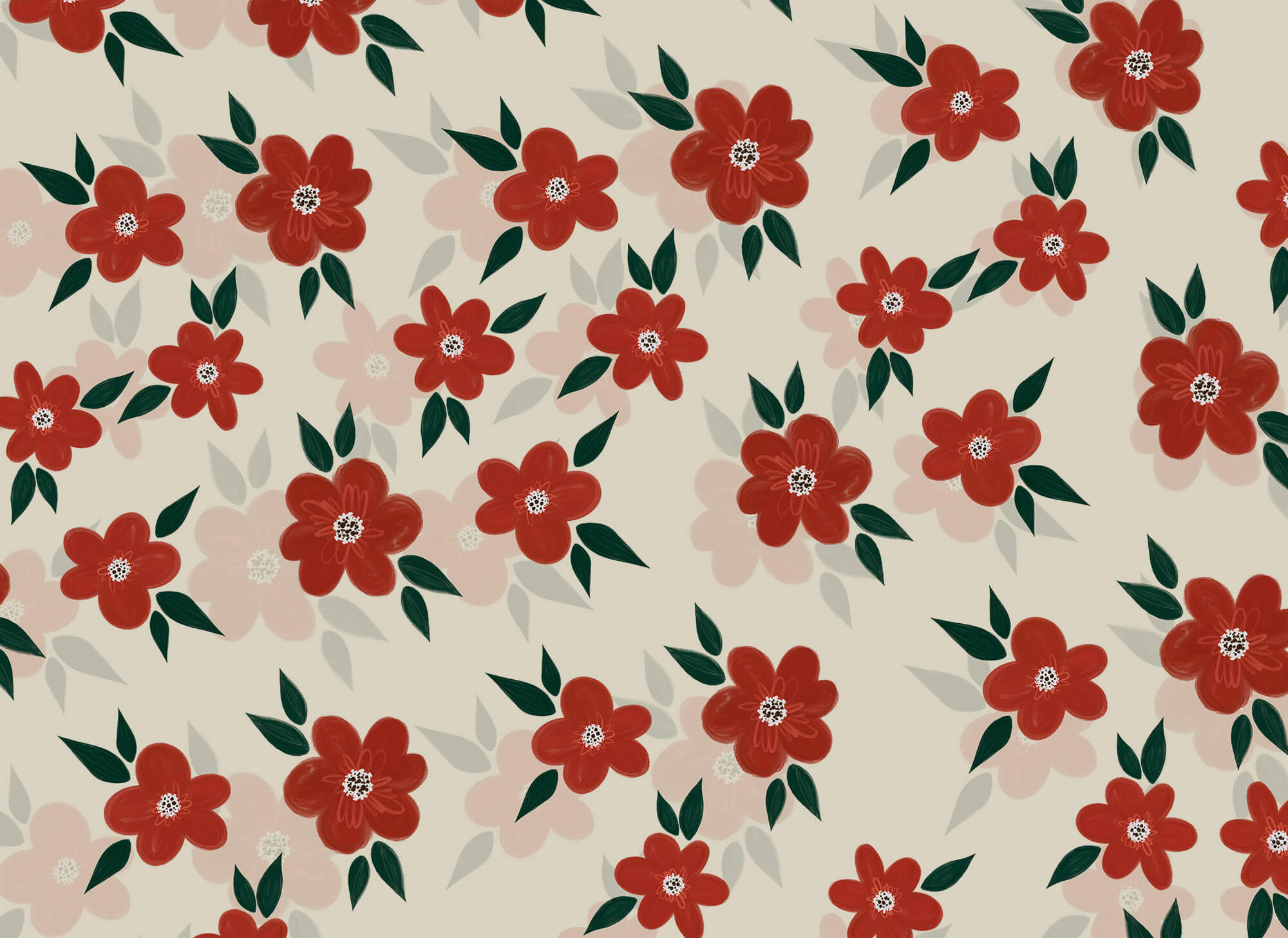 Pattern of red flowers and green leaves Pattern of red flowers and green leaves