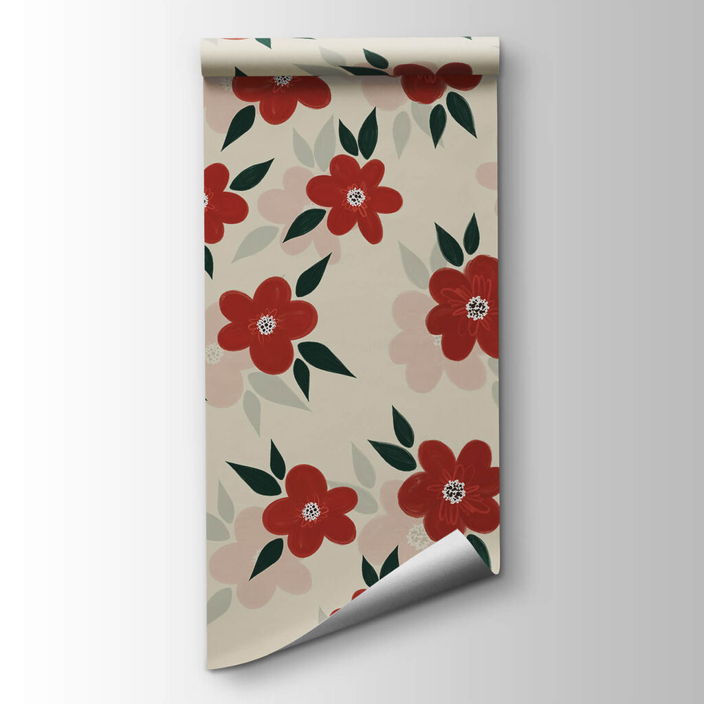 Pattern of red flowers and green leaves Pattern of red flowers and green leaves