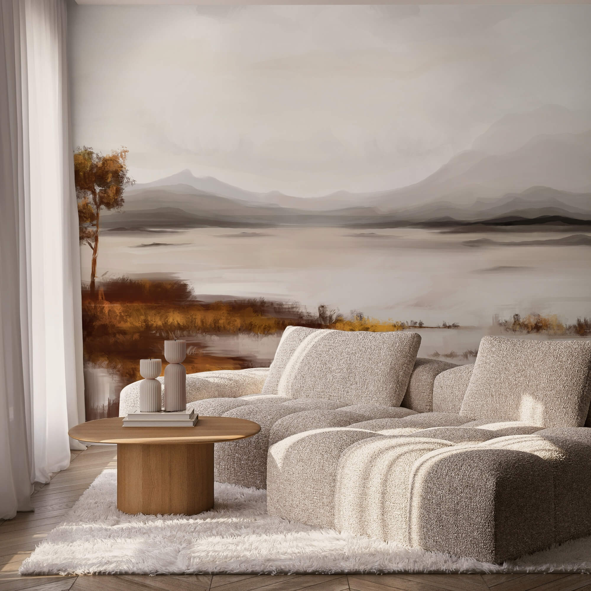 Krajina jazera s horami v pozadí