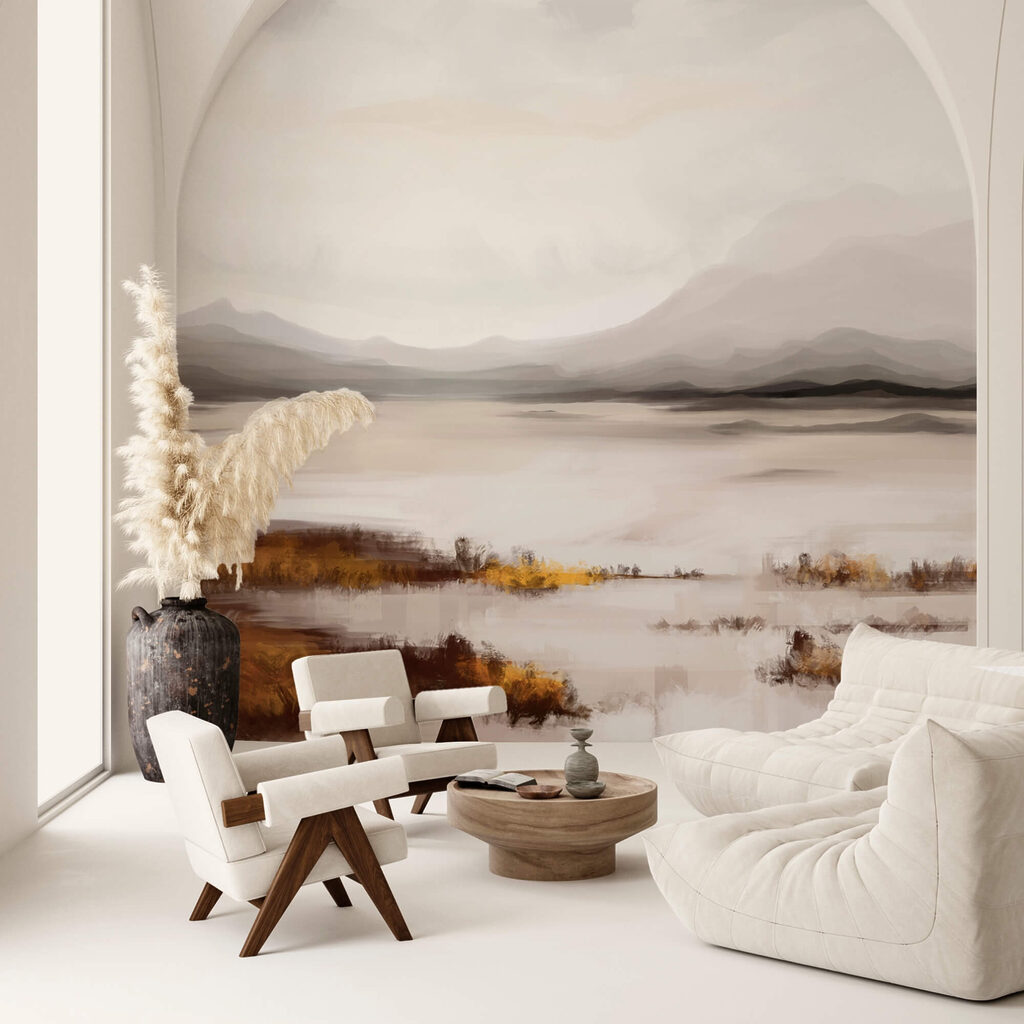 Krajina jazera s horami v pozadí