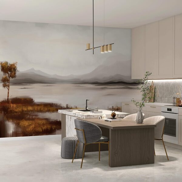 Krajina jazera s horami v pozadí