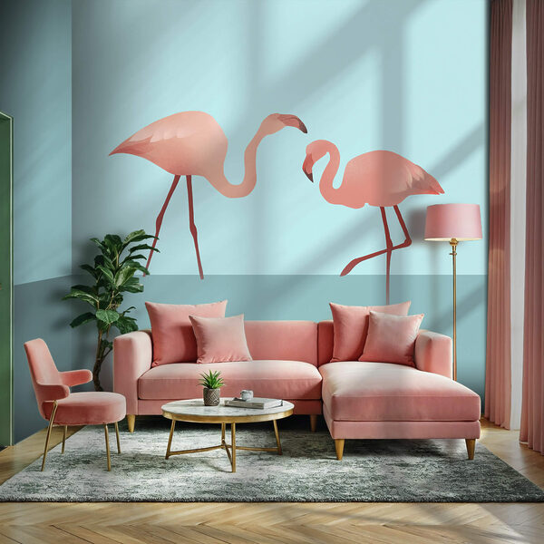 Skupina plameniakov stojacich vo vode